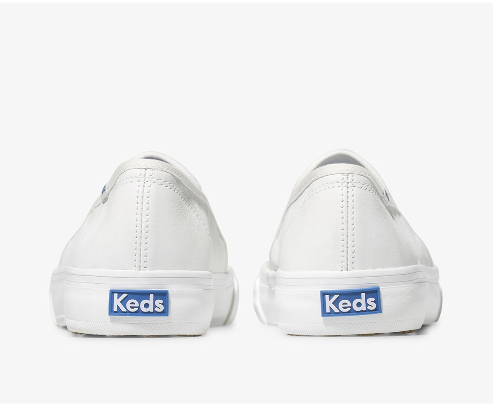 Slip Ons Keds Mujer Blancos - Double Decker Cuero - 9136-QVFZJ